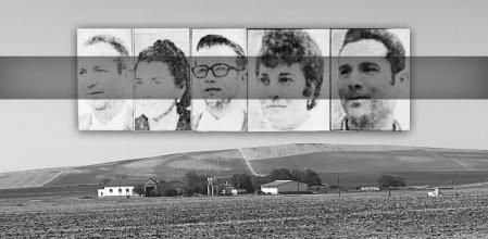 Las cinco víctimas del crimen de los Galindos, con el cortijo de fondo