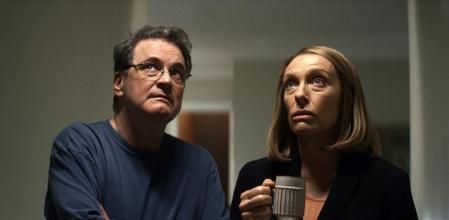 This image released by HBO Max shows Colin Firth, left, and Toni Collette in a scene from the series