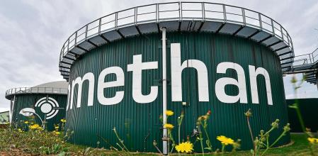 26 August 2020, Thuringia, Nordhausen: Biomethane stands on a fermentation residue tank in the biomethane plant of EVN Biomethan GmbH. Using renewable raw materials from the region, biogas has been processed into biomethane in this plant since 2015 and fed into the natural gas grid. Photo: Martin Schutt/dpa-Zentralbild/dpa (Photo by Martin Schutt/picture alliance via Getty Images)