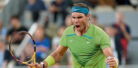 PARIS, FRANCE - JUNE 03: Rafael Nadal of Spain celebrates against Alexander Zverev of Germany during the Men's Singles Semi Final match on Day 13 of The 2022 French Open at Roland Garros on June 03, 2022 in Paris, France (Photo by Clive Brunskill/Getty Images)