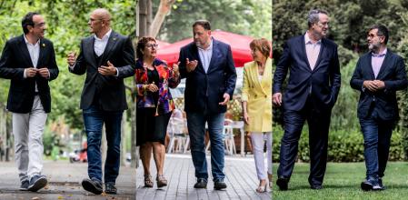 Un año.Josep Rull y Raül Romeva; Dolors Bassa, Oriol Junqueras y Carme Forcadell, y Joaquim Forn y Jordi Sànchez, ayer. No fue posible fotografiar a Turull y Cuixart