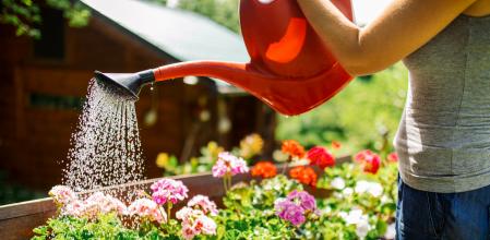 Una mujer regando las macetas