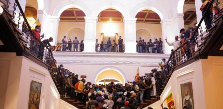 Demonstrators protest inside the President's House, after President Gotabaya Rajapaksa fled, amid the country's economic crisis, in Colombo, Sri Lanka, July 9, 2022. REUTERS/Dinuka Liyanawatte