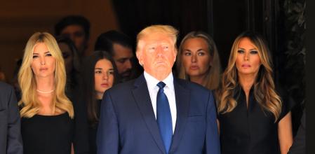 Donald Trump Melania Trump Ivanka Trump and Husband Jared Kushner Eric Trump and Donald Trump Jr saying the last good bye to Ivana Trump at Frank Campbell Funeral home in New York City