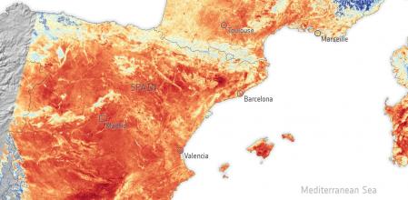 Imagen elaborada con datos del instrumento radiométrico de la misión Copernicus Sentinel-3 de la Agencia Espacial Europea donde se muestra la temperatura de la superficie terrestre en el sur de Francia, España y el norte de África en la mañana del 17 de julio.