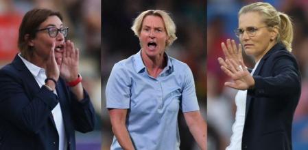 Corinne Diacre (Francia), Martina Voss-Tecklenburg (Alemania) y Sarina Wiegman (Inglaterra)