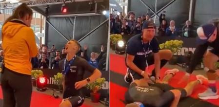 Un atleta se arrodilla para pedir matrimonio y le da un calambre en el momento menos oportuno