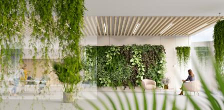 3D render of a green modern office lobby, all items in the scene are 3D