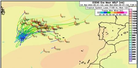 Localización de la depresión en el Atlántico (en azul a la izquierda) el 31 de agosto y modelos de desplazamiento hacia el este, acercándose a Galicia  .