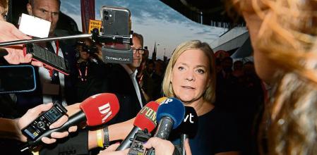 Prime Minister and Social Democratic party leader Magdalena Andersson arrives at the Social Democratic Party election watch at the Waterfront Conference Center in Stockholm, Sweden, Sunday, Sept. 11, 2022. Sweden is holding an election that is expected to boost a populist anti- immigration party that is vowing to crack down on gang violence shaking many people's sense of security. (Jonas Ekströmer/TT News Agency via AP)