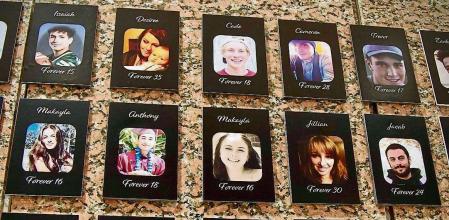 A photo of Makayla Cox, who died of a fentanyl overdose at age 16, is displayed among other portraits on