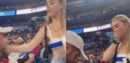 Le pide matrimonio a su novia en público con un anillo de caramelo y ella le pega una bofetada