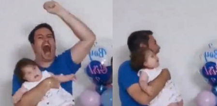 La entusiasta celebración de un padre en la fiesta de revelación de género que deja claro sus deseos