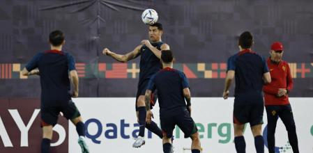 Soccer Football - FIFA World Cup Qatar 2022 - Portugal Training - Al Shahaniya SC Training Facilities, Al-Shahaniya, Qatar - December 9, 2022 Portugal's Cristiano Ronaldo in action with teammates during training REUTERS/Hamad I Mohammed