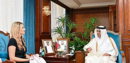 Ali bin Samikh Al Marri, Qatar's minister of labour, speaks with Greece's Eva Kaili, vice president of the European Parliament, during a meeting in Qatar, October 31, 2022 in this social media handout image. Twitter/Ministry of Labour - State of Qatar via REUTERS ATTENTION EDITORS - THIS IMAGE HAS BEEN SUPPLIED BY A THIRD PARTY. NO RESALES. NO ARCHIVES