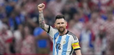 Argentina's Lionel Messi celebrates after scoring from the penalty spot the opening goal during the World Cup semifinal soccer match between Argentina and Croatia at the Lusail Stadium in Lusail, Qatar, Tuesday, Dec. 13, 2022. (AP Photo/Natacha Pisarenko)