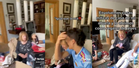 Trolean a la abuela de la familia envolviendo objetos de su casa y haciéndole creer que son regalos