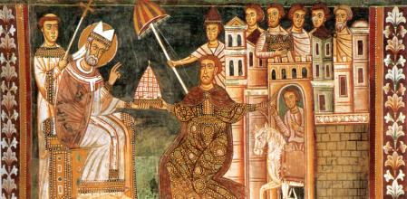 Un fresco del siglo XIII con el papa Silvestre I y Constantino I.