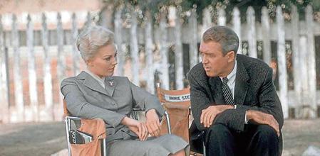 Actors Kim Novak and James Stewart on the set of the movie 