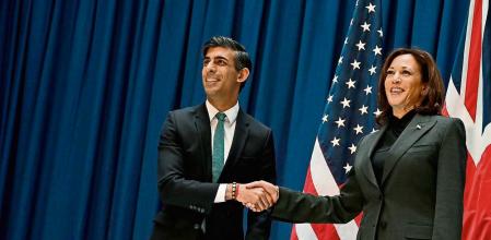 MUNICH, GERMANY - FEBRUARY 18: Britain's Prime Minister Rishi Sunak (L) shakes hands with US Vice President Kamala Harris as they meet at the 59th Munich Security Conference (MSC) on February 18, 2023 in Munich, southern Germany. The Munich Security Conference brings together defence leaders and stakeholders from around the world and is taking place February 17-19. Russia's ongoing war in Ukraine is dominating the agenda. (Photo by Ben Stansall-WPA Pool/Getty Images)