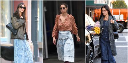 Emily Ratajkowski, Katie Holmes y Bella Hadid con falda vaquera