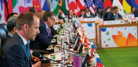 A Russian delegate attends the G20 Finance Ministers and Central Bank Governors meeting on the outskirts of Bengaluru, India, February 24, 2023. India's Press Information Bureau/Handout via REUTERS THIS IMAGE HAS BEEN SUPPLIED BY A THIRD PARTY. NO RESALES. NO ARCHIVES.