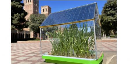 Prototipo de invernadero en miniatura con su techo construido con células solares semitransparentes inventado por científicos de materiales de UCLA .