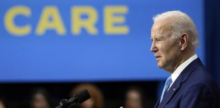 President Joe Biden talks about health care during a visit to the Kempsville Recreation Center in Virginia Beach, Va., Tuesday, Feb. 28, 2023. (AP Photo/Susan Walsh)