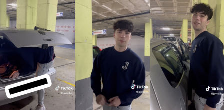 Un estudiante de la Universidad de Cantabria muestra la maniobra contorsionista que hace para entrar en su coche