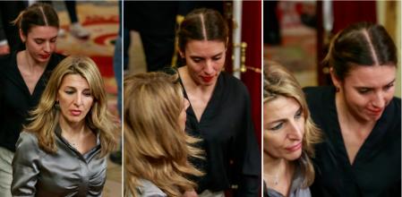 El gesto. Momentos antes de la votación de la reforma socialista, Yolanda Díaz e Irene Montero salieron juntas del hemiciclo hacia el Salón del Reloj. Díaz fue la única ministra de Unidas Podemos que acompañó a Montero.