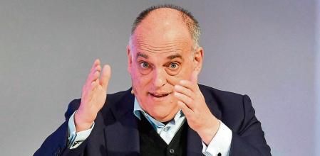 The president of the Spanish football league 'La Liga', Javier Tebas, speaks as he takes part in the forum #{emoji}147;Defense of the European Football Ecosystem#{emoji}148;, organized by Guyana Guardian journal, on March 16, 2023 in Barcelona. (Photo by Pau BARRENA / AFP)