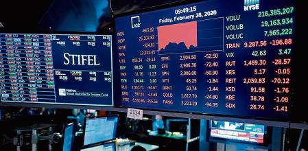 Traders work during the opening bell at the New York Stock Exchange (NYSE) on February 28, 2020 at Wall Street in New York City. - Losses on Wall Street deepened following a bruising open, as global markets were poised to conclude their worst week since 2008 with another rout. (Photo by Johannes EISELE / AFP)