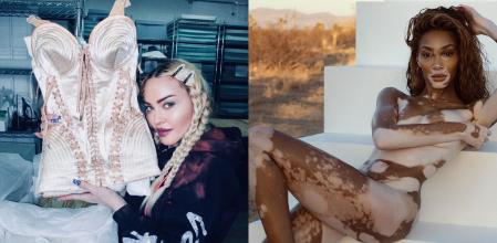 Madonna con uno de sus icónicos corsés y Winnie Harlow, desnuda, en la portada de una revista