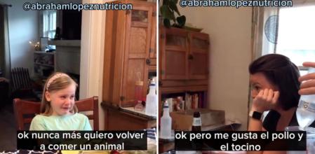 Niña de 5 años llorando porque no quiere comer carne