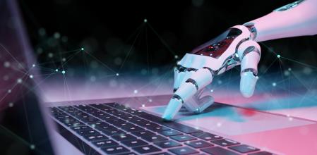 Robotic cyborg hand pressing a keyboard on a laptop 3D rendering