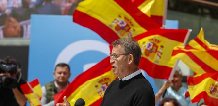 El presidente del PP, Alberto Núñez Feijóo, durante el mitin celebrado este domingo en Zaragoza