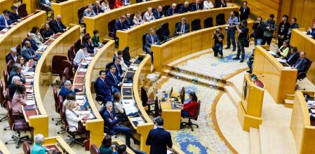 La Cámara Alta, en un momento de la intervención de Pedro Sánchez; al fondo, Feijóo, en su escaño, escucha