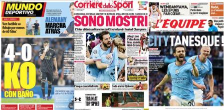 Portadas de la prensa deportiva e internacional tras la victoria del Manchester City sobre el Real Madrid