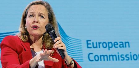 Brussels (Belgium), 04/05/2023.- First Vice-President of the Government of Spain and Minister for the Economy and Digital Transformation Nadia Calvino speaks during a panel discussion about a competitive model grounded in social cohesion: protecting workers, consumers and future generations in times of uncertainty in Brussels, Belgium, 04 May 2023. (Bélgica, España, Bruselas) EFE/EPA/OLIVIER MATTHYS