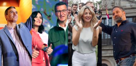Pedro Sánchez, en Tarragona; Isabel Díaz Ayuso y Alberto Núñez Feijóo, en el cierre de Madrid; Yolanda Díaz; y el líder de Vox, Santiago Abascal en Toledo