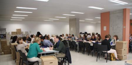 Vista general de la sala on s'està portant a terme el recompte de vots a la ciutat de Barcelona a la Junta Electoral de Zona a la Ciutat de la Justícia.