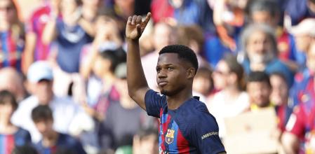 Ansu Fati celebrando su segundo gol al Mallorca el pasado 28 de mayo en el Camp Nou