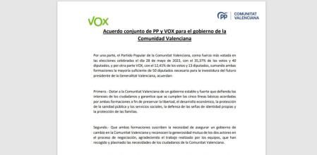 Acuerdo conjunto de PP y Vox para gobernar en Valencia