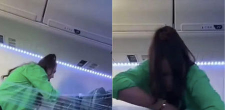 Una mujer envuelve una fila de asientos en plástico