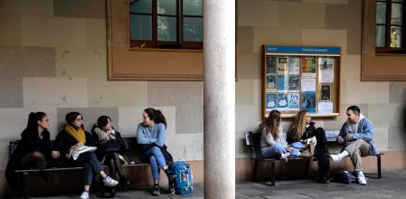 Ambiente de estudiantes universitarios en el patio del edificio histórico de la UB, en la plaza Universidad