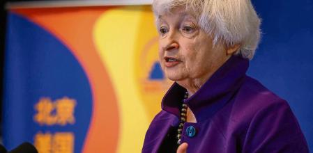 Beijing (China), 09/07/2023.- US Treasury Secretary Janet Yellen speaks during a press conference at the US Embassy in Beijing, China, 09 July 2023. Yellen travelled to Beijing from 06 to 09 July for meetings with senior Chinese officials. EFE/EPA/MARK R. CRISTINO