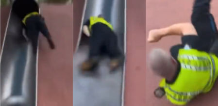 La estrepitosa caída del policía por el tobogán