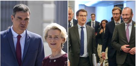 Pedro Sánchez junto Ursula Von der Leyen y Alberto Núñez Feijóo junto a Manfred Weber, en imágenes de archivo
