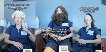 Le prohíben llevar el pelo rosa en su empresa y se venga llevando las pelucas más extravagantes para ir a trabajar