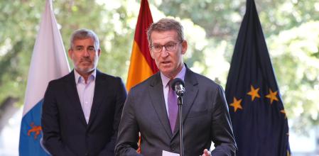 El presidente del PP, Alberto Núñez Feijóo, comparece ante los medios de comunicación junto al presidente canario, Fernando Clavijo